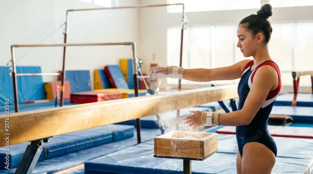 Obraz premium Gymnast prepares for balance beam with chalk, side profile in bright training facility