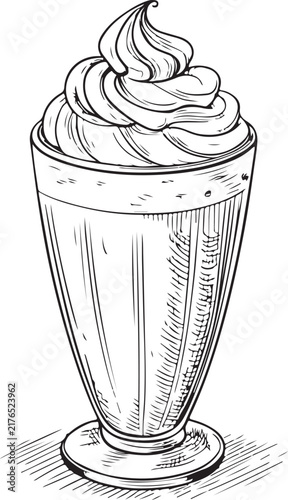 Iced chocolate Hand-drawn Sketch Drawing Vector Illustration, Line Linear Symbol Black and White Engraving, Isolated