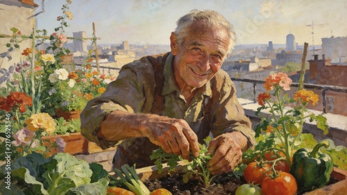 Smiling Senior Man Tending to Rooftop Garden with Fresh Vegetables and Flowers in Oil Painting