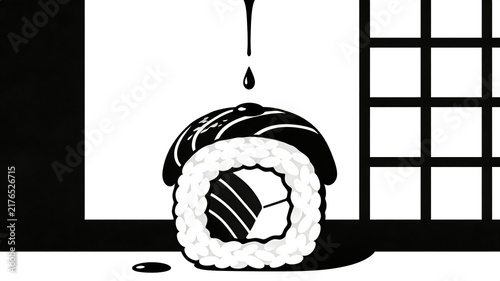 Graphic Black and White Sushi Roll with Dripping Soy Sauce against a Japanese Shoji Screen Background