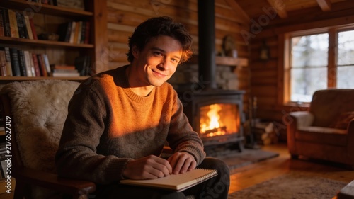 Young man writing in a journal, smiling by a cozy fireplace in a rustic log cabin on a winter day.