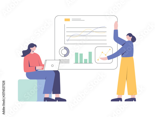 Business Data Analytics and Financial Performance Presentation with Women Analyzing Charts, Graphs, Statistics and Growth Metrics
