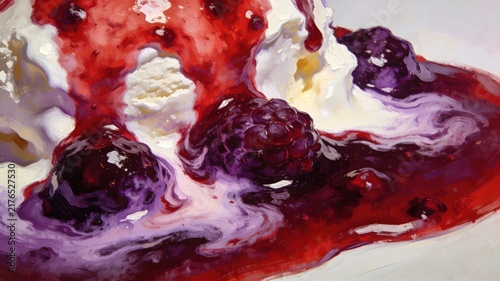Artistic close-up painting of creamy dessert with vibrant red berry sauce and dark purple blackberries.