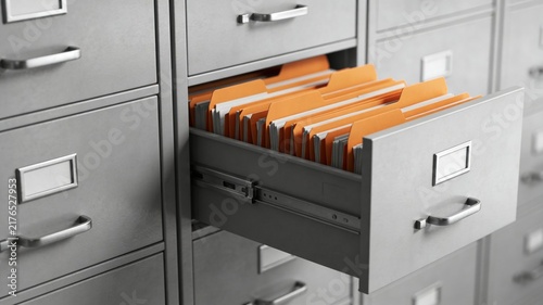 Open metal filing cabinet drawer revealing neatly arranged orange hanging file folders, symbolizing business documentation, records, and organized data storage.