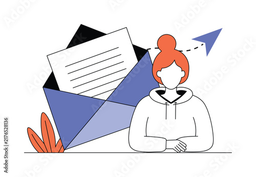 Woman with Envelope and Paper Plane for Email Communication and Message Delivery