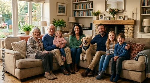 Happy multi-generational family with grandparents, parents, children, and yellow Labrador retriever posing together on beige sofa in cozy living room with stone fireplace