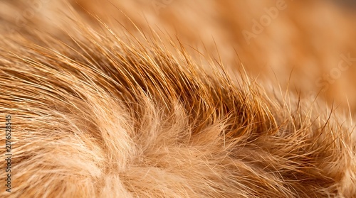 Extreme close-up of orange tabby cat fur showing individual guard hairs and soft downy undercoat in warm raking light, soft focus background, vibrant amber tones, pet texture detail, high resolution
