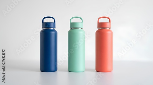 Three insulated stainless steel water bottles in cobalt blue, mint green, and coral standing in neat row against clean white background for product display and lifestyle marketing