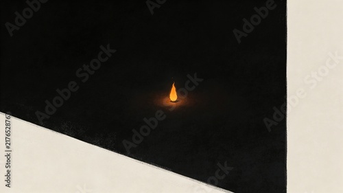 Lonely flame illuminating a dark abstract space with minimalist light cream borders