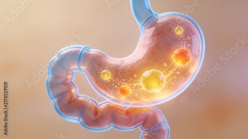 of human stomach and small intestine with glowing particles, representing digestion, absorption, or probiotic action in the gastrointestinal tract.