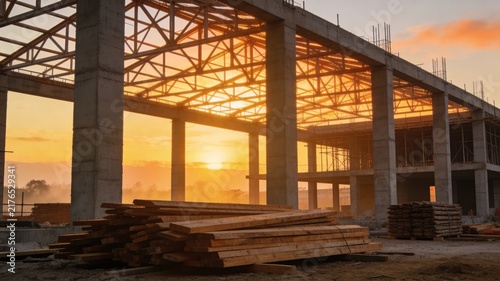 Building construction site with steel roof frame and lumber at golden sunrise