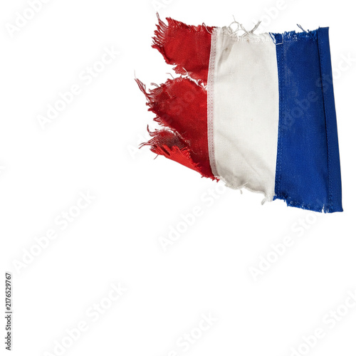 Ripped piece of the french flag with flag frayed edges on transparent background