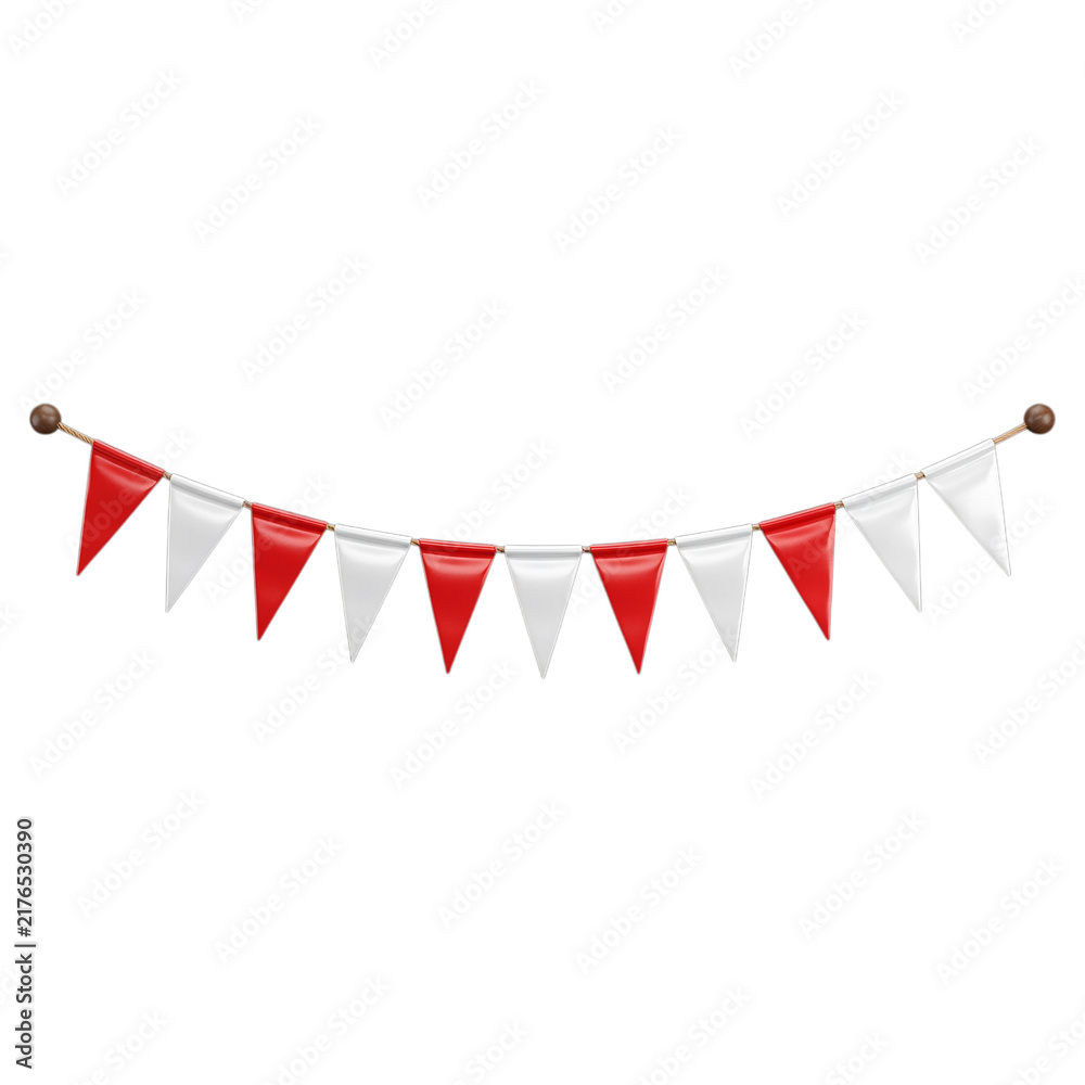 Obraz premium String of red and white bunting flags hanging on a line on transparent background