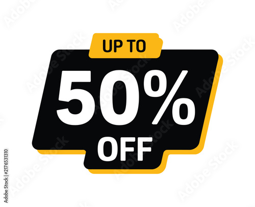 Up to 50% Off sale badge, bold black and yellow promotional label for retail discounts, shopping offers, advertising and ecommerce marketing design.