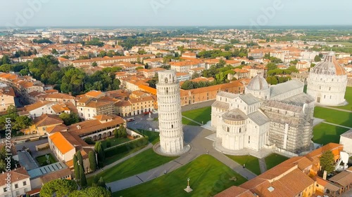 Pisa, Italy. Famous Leaning Tower and Pisa Cathedral in Piazza dei Miracoli. Summer. Morning hours. Drone footage, Point of interest