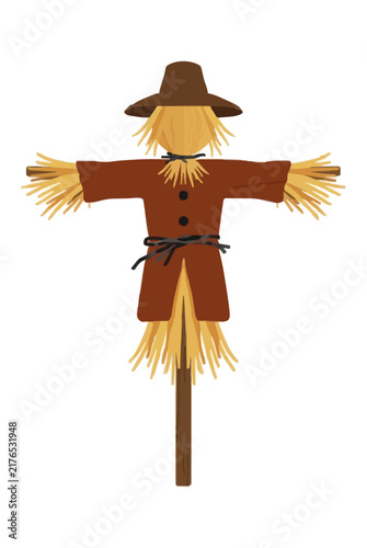 Hand-drawn wooden scarecrow vector illustration wearing a brown hat and coat with straw sticking out, mounted on a pole, perfect for autumn harvest and farm themed graphic design projects and clipart