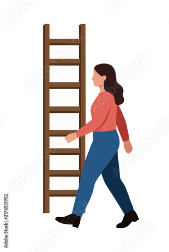Hand-traced vector illustration of a young woman walking past a tall wooden ladder, flat design icon, side view, casual outfit, simple background, decorative graphic resource