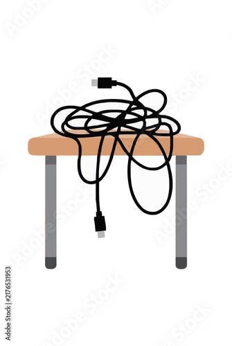 Tangled Charging Cables On A Desk Hand-Traced Vector Illustration Messy Cord Clutter On Wooden Table Office Workspace Frustration Concept Minimalist Line Art