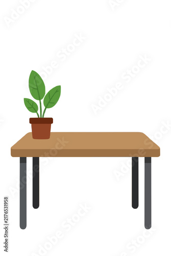 Hand traced vector icon of a streaming desk with potted plant on top, minimalist illustration in flat style with green leaves, wooden tabletop, and metal legs on white background