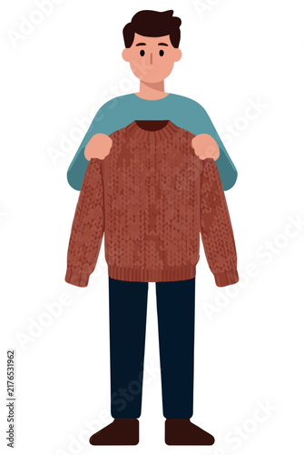 Hand-traced vector illustration of a young man proudly holding up a finished knitted sweater, perfect for craft projects, fashion design, and seasonal apparel themes. Flat design, vibrant colors,