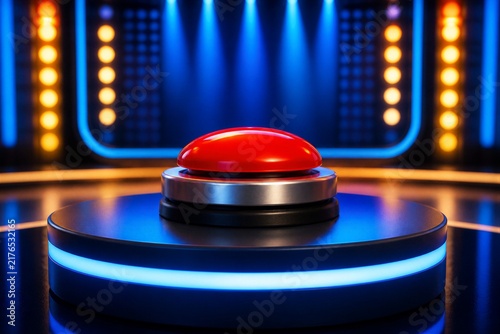 Large red buzzer positioned on illuminated stage game set