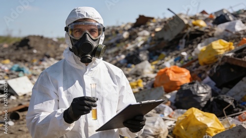 Environmental scientist in hazmat suit and gas mask holding test tube and clipboard at a landfill site, conducting research or inspection.