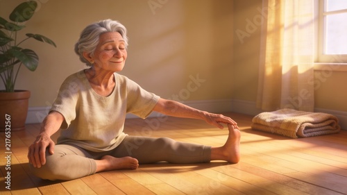 Senior woman practicing yoga stretch indoors. Animated character in a peaceful, sunlit room, embodying health, mindfulness, and well-being.