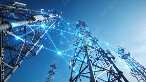 Telecommunication Towers with Glowing Network Connections Against Blue Sky, Symbolizing 5G Mobile Technology and Global Connectivity