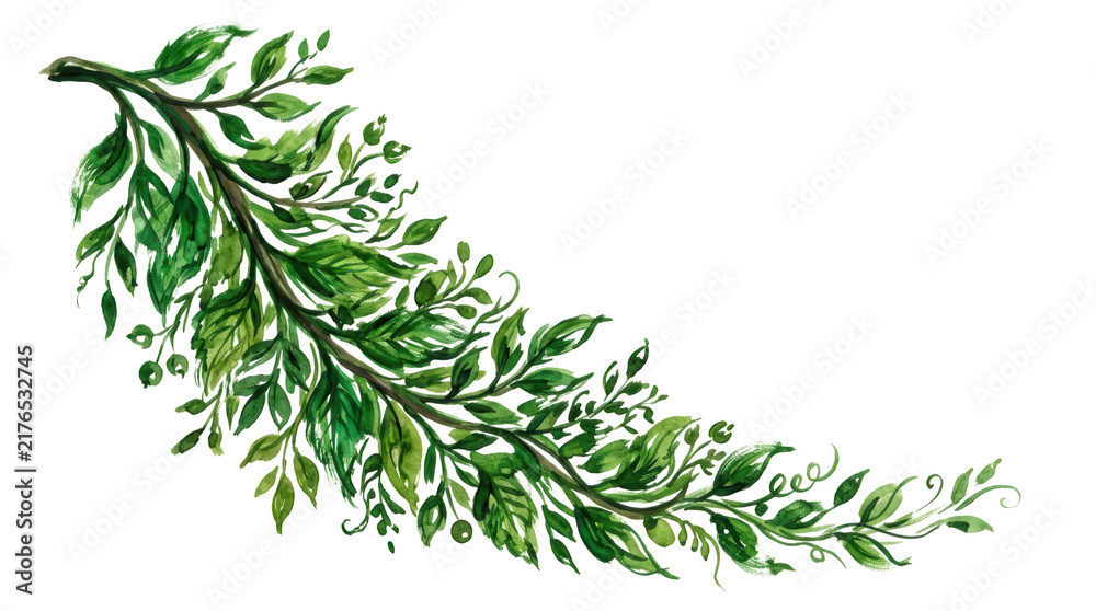Fototapeta premium Watercolor illustration of a lush green leafy branch isolated on transparent background