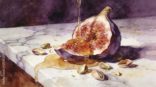Watercolor Painting: Fresh Fig Half with Drizzling Honey and Pistachios on Marble Counter