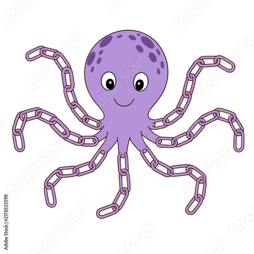 Purple octopus character with chain tentacles. Smiling marine animal concept. Flat design vector illustration isolated on transparent background