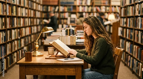 Focused young female student reading hardcover book at vintage wooden library desk, surrounded by tall bookshelves and warm desk lamp illumination