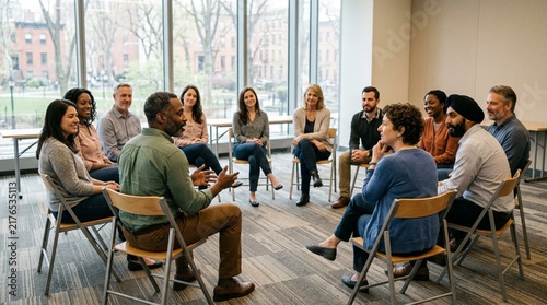 Diverse adults sitting in circle chairs in bright modern meeting room, man speaking while others listen attentively during group discussion session