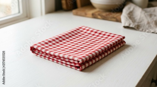 Folded red and white gingham checkered cotton kitchen towel on bright white countertop, soft natural light, rustic farmhouse home decor, fabric texture close-up, cozy culinary still life