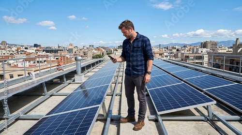 Engineer inspecting rooftop solar panel array on modern urban building while checking data on smartphone under clear blue sky, sustainable renewable energy concept