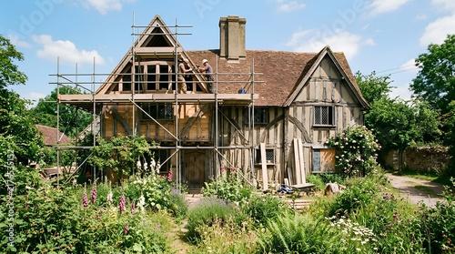 Historic timber framed gable house under restoration with scaffolding, workers, traditional Tudor style architecture, charming English country garden with blooming flowers and lush greenery on sunny