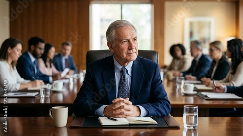 Senior Caucasian businessman in navy blazer seated at polished boardroom table, listening attentively with hands clasped while diverse colleagues hold meeting in corporate conference room
