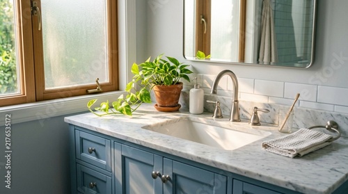 Soft steel-blue bathroom vanity with undermount ceramic sink, brushed-nickel gooseneck faucet, marble countertop, potted pothos, towel, soap dispenser and window light