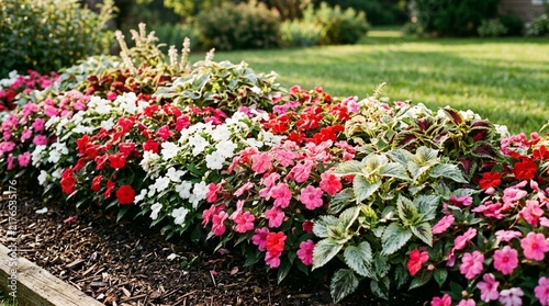 Vibrant summer flowerbed filled with blooming impatiens in saturated pink, red, and white beside silvery-green variegated foliage, garden border with mulched bed and lush green lawn