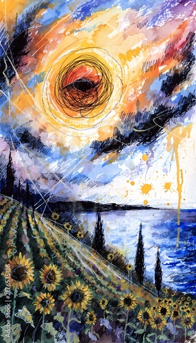 Colorful landscape with sunflowers and swirling sky above water  