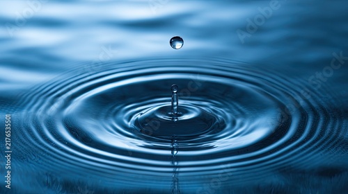 Tiny droplet makes perfect circular ripples on deep blue water