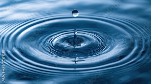 A single water drop forms concentric ripples on a deep blue surface