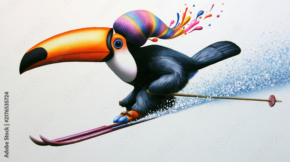 Obraz premium Whimsical toucan skiing down a snowy slope