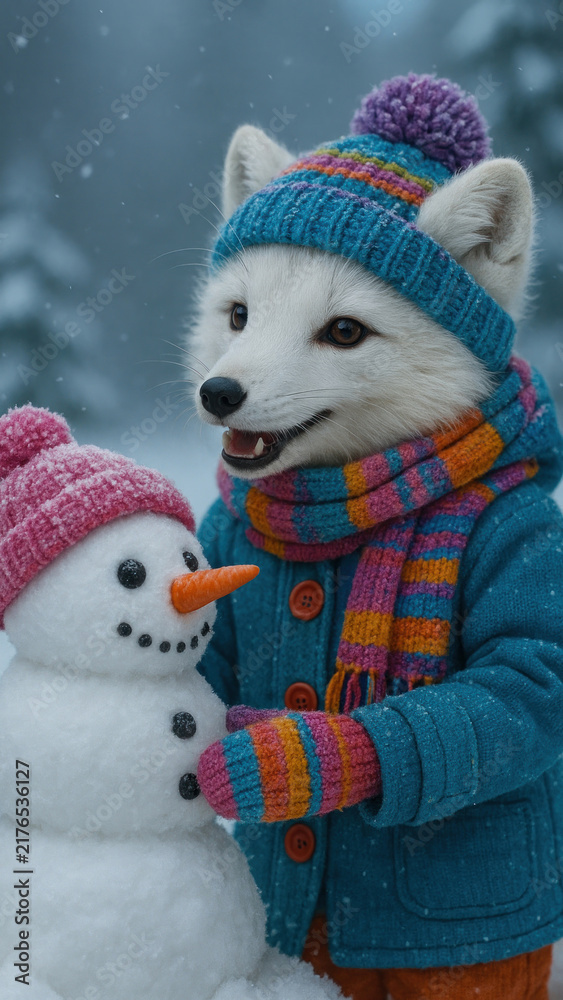 Fototapeta premium Cute fox building snowman joyfully.
