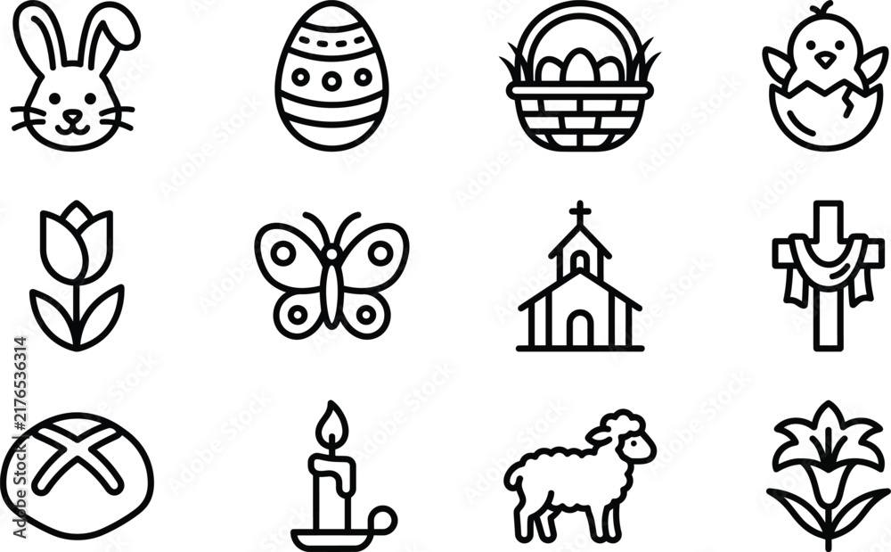 Fototapeta premium Simple outline icons representing traditional Easter symbols like a bunny, decorated egg, basket, chick, and lamb