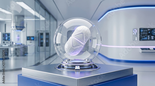 Futuristic medical pill floating inside a digital glass sphere in a high tech laboratory
