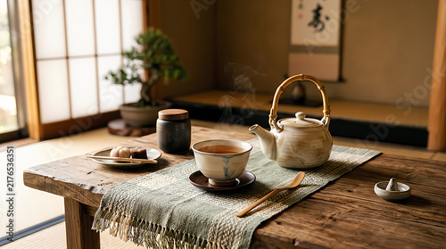 Ceramic teapot and teacup set on a wooden table in a traditional japanese tea room