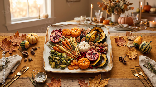 Fresh autumn vegetables and pumpkins on a rustic wooden table for a festive thanksgiving meal