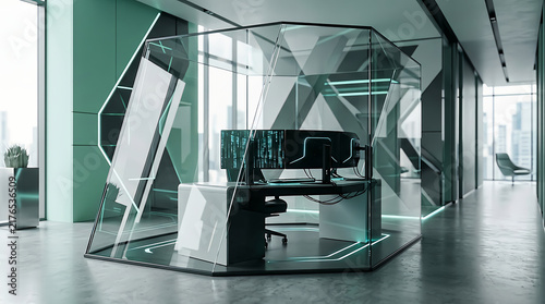 Modern glass office workstation pod in a professional bright corporate business building