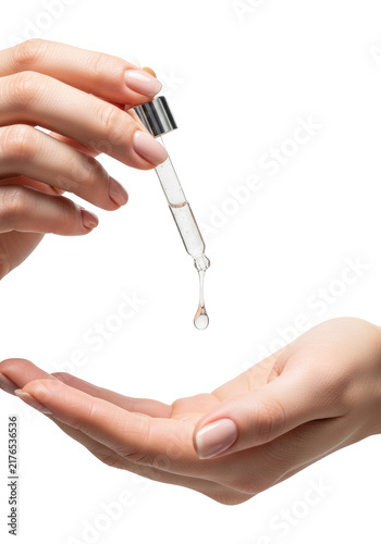 hyper-realistic macro of pristine caucasian woman's hands applying a viscous hyaluronic acid serum drop with a glass pipette on a flawless palm, high-key white background, concept for premium luxury